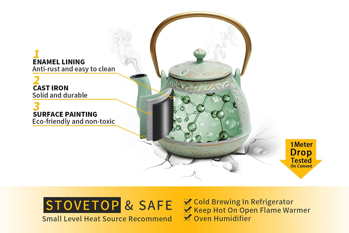 TOPTIER Japanese Teapot with Stainless Steel Infuser, Cast Iron Tea Kettle Stovetop Safe, Leaf Design Coated with Enameled