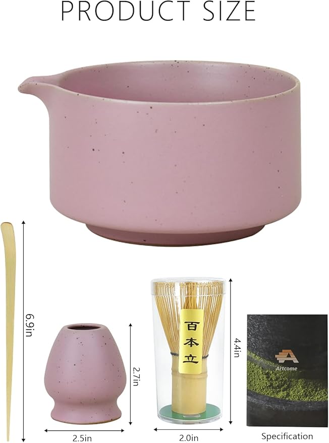 Artcome Matte Pink Matcha Bowl Set with Spout – Handmade Ceramic Chawan, Bamboo Whisk, Whisk Holder, Tea Scoop, and Matcha Manual