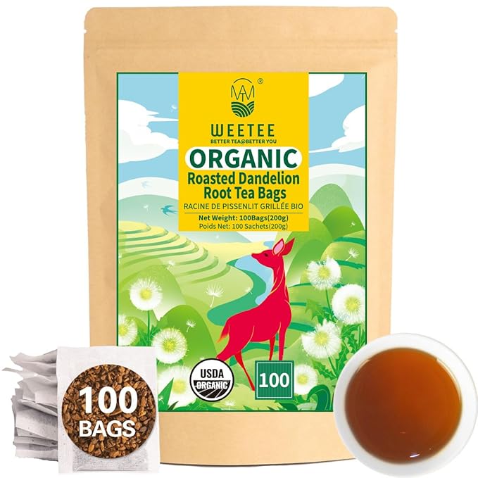 WT Weetee Organic Roasted Dandelion Root Tea Bags, Dandelion Herbal Tea 100 Count, Caffeine Free, Support Healthy, Vitamins Rich