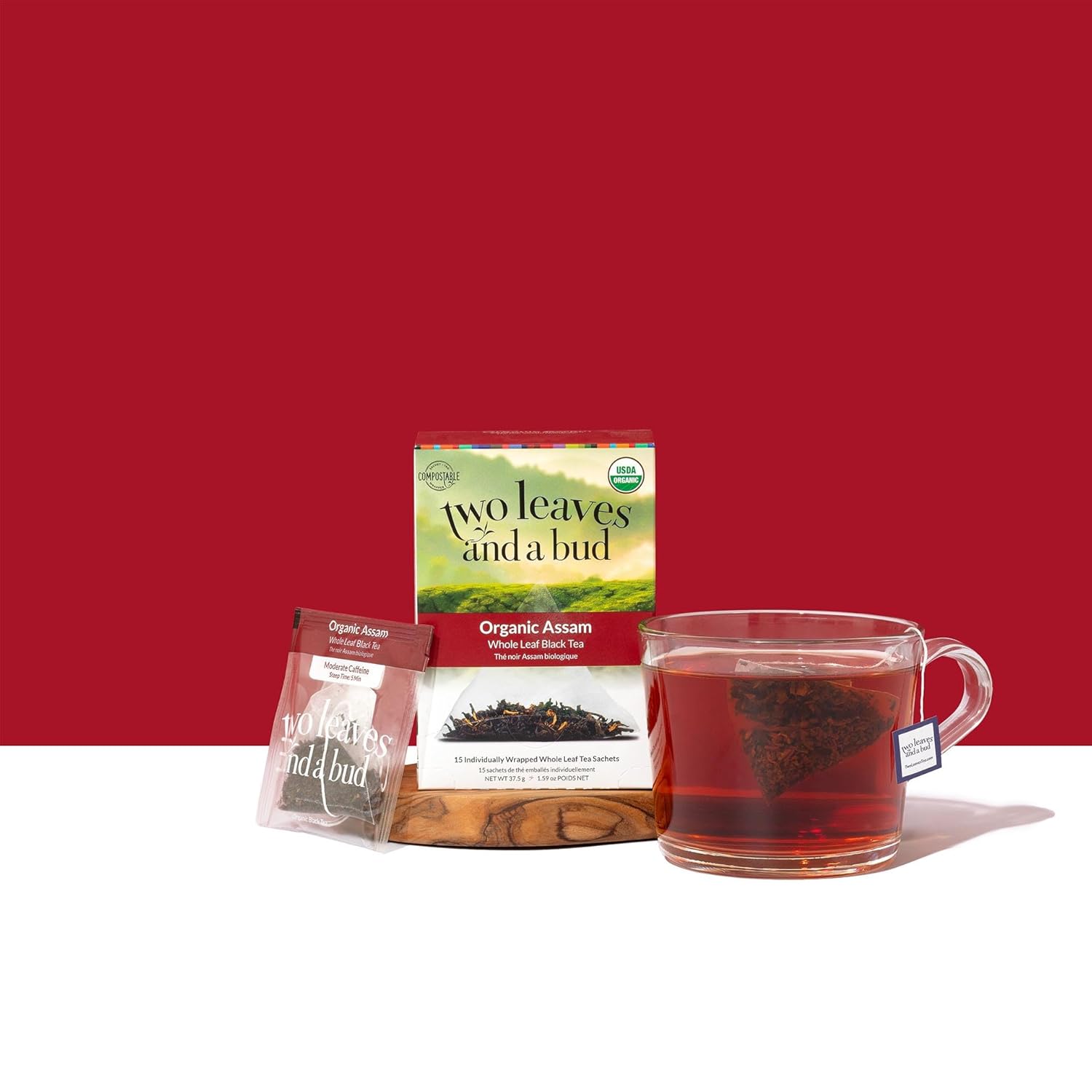 Two Leaves and a Bud Organic Assam Black Tea Bags, Whole Leaf Caffeinated Black Tea in Compostable Sachets, 15 Count (Pack of 1)