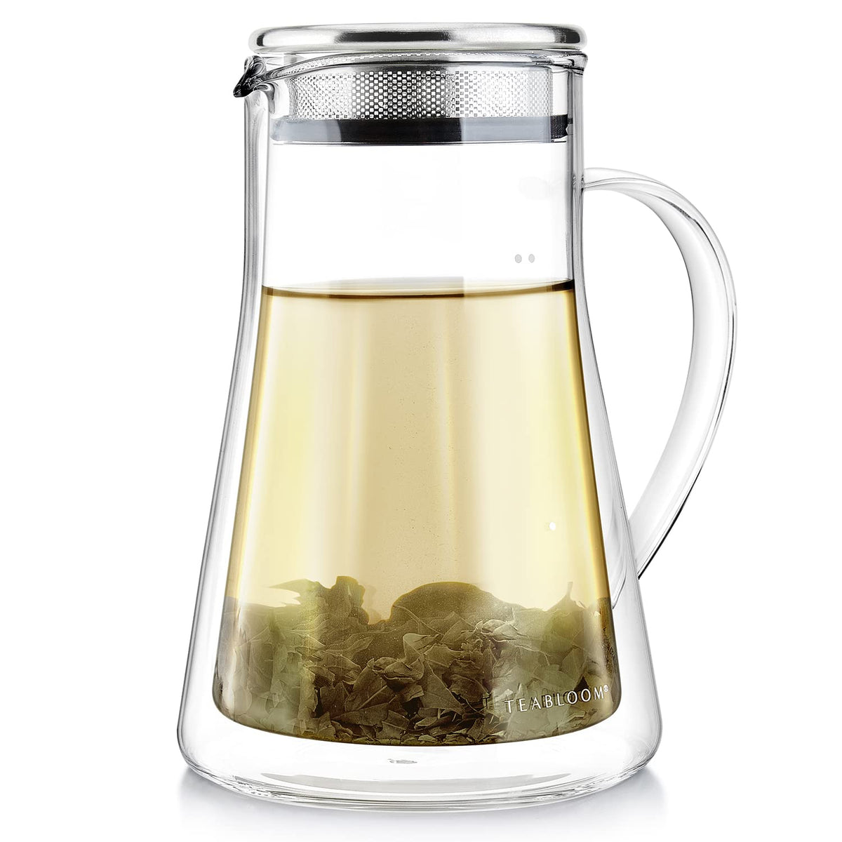 Teabloom Insulated Teapot Keeps Tea Hot – Tea Maker For Two (24 oz) – Double Wall Heatproof Glass Tea Steeper with Stainless