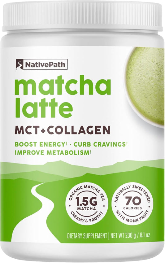 NativePath Matcha Latte Collagen Peptides with MCT Oil - Grass-Fed Collagen & Organic Matcha for Energy & Focus - Keto, No Gluten or Dairy (8.1 oz)