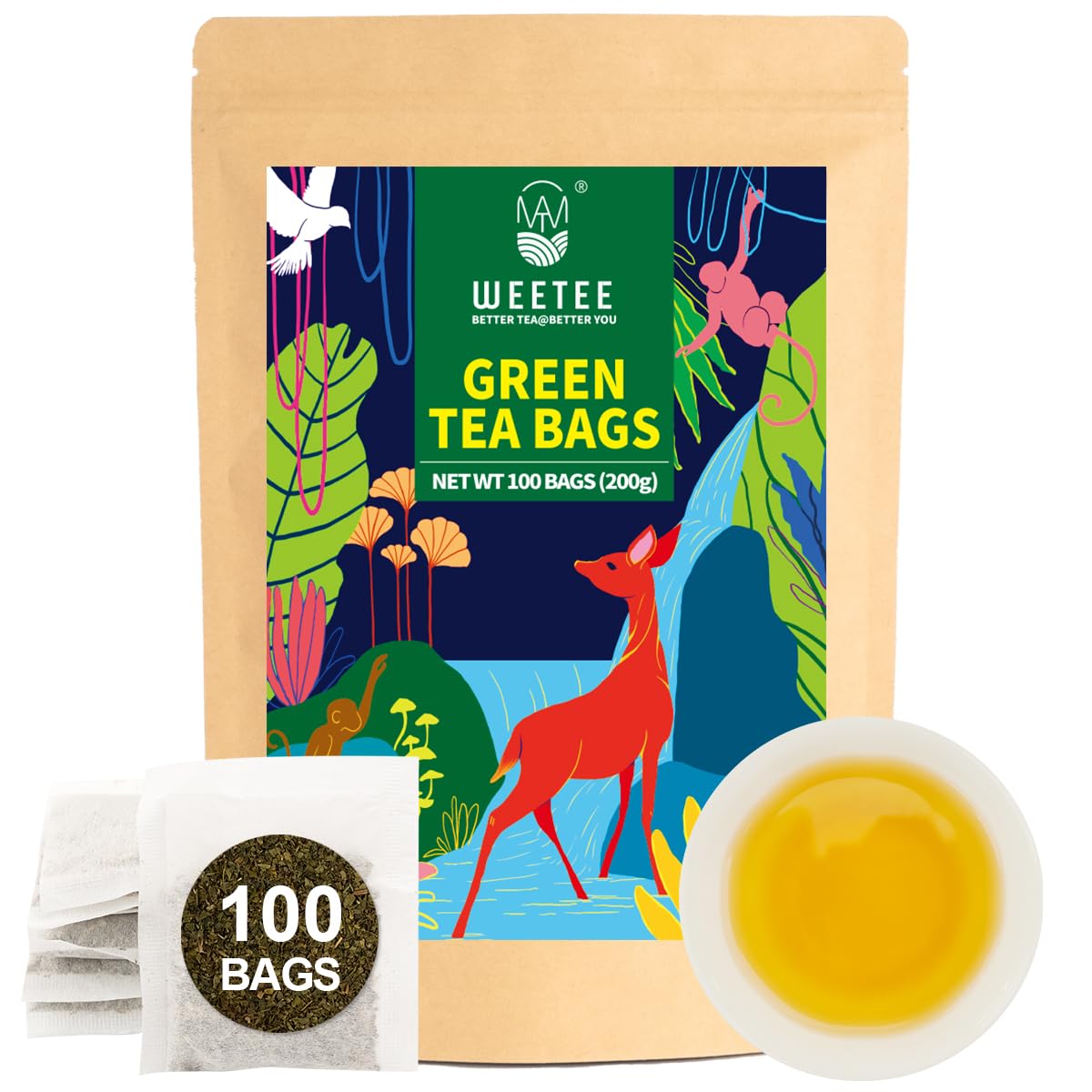 WT Weetee Green Tea Bags, 100 Count Pure Green Tea, Super Antioxidant, Resealable Kraft Bag, Brew Hot or Iced