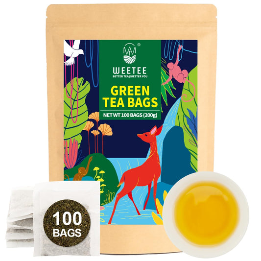 WT Weetee Green Tea Bags, 100 Count Pure Green Tea, Super Antioxidant, Resealable Kraft Bag, Brew Hot or Iced