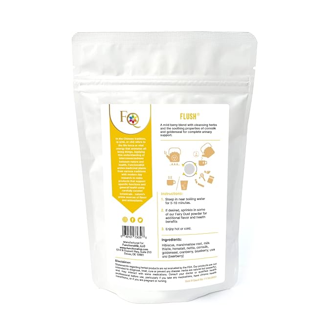 FunctionaliQi Flush Herbal Tea for Urinary Health - Marshmallow Root Milk Thistle Cornsilk and Goldenseal, Hibiscus Blend with Nettles, Cleansing Herbs and Cranberries (14 tea bags)
