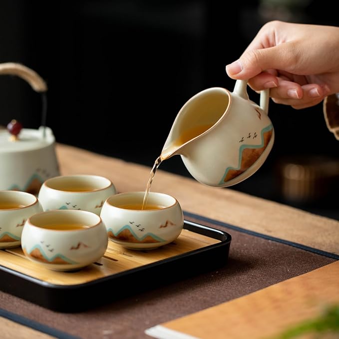 7-Piece Ruyao Ceramic Chinese GongfuTea Set, Traditional Crackle Glaze Teapot with Cups and Bamboo Tray, Gift Box Included
