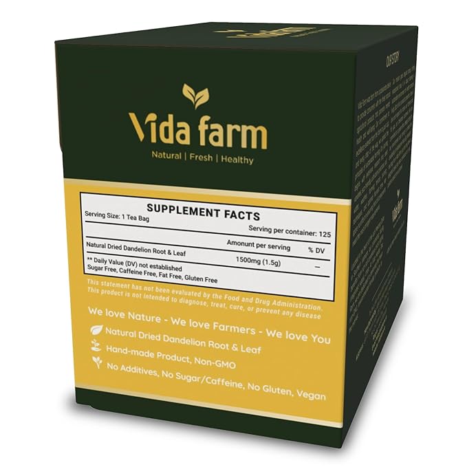 Vida Farm 125 Dandelion Tea Bags - 100% Natural Dandelion Leaf & Root, Sugar Free, Caffeine Free, Non-GMO - Premium Dandelion Root Herbal Tea