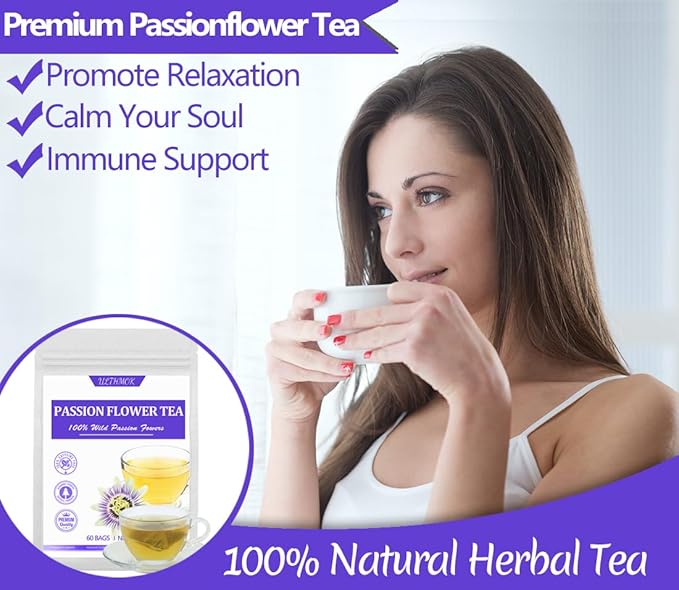 60 Premium Passion Flower Tea Bags, Made with 100% Natural Passionflower Leaves,Te De Pasiflora, Support Better Sleep & Relaxation