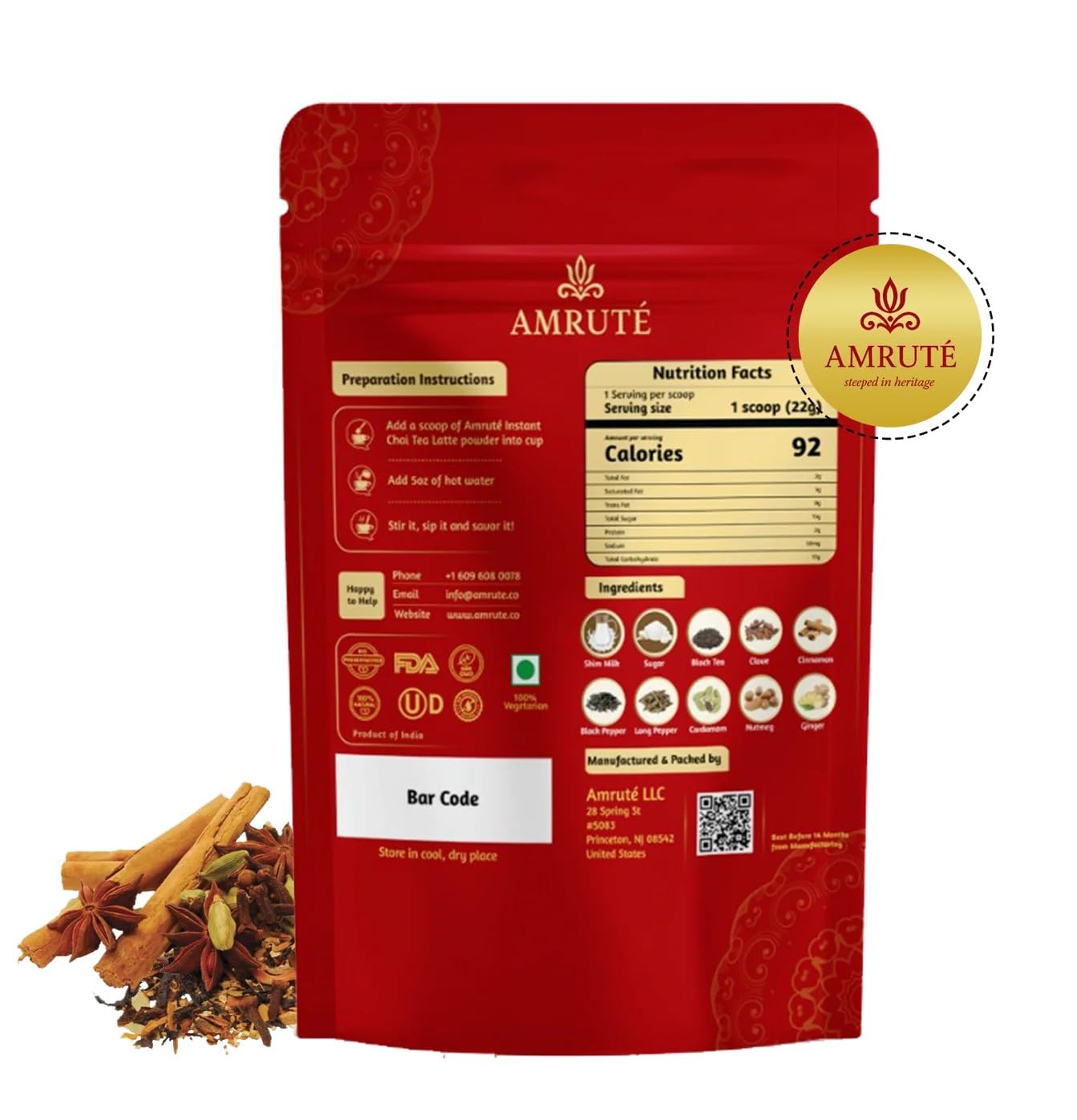 Amruté Masala Chai Tea Latte – 10 Single Serves, Instant Chai Drink Mix