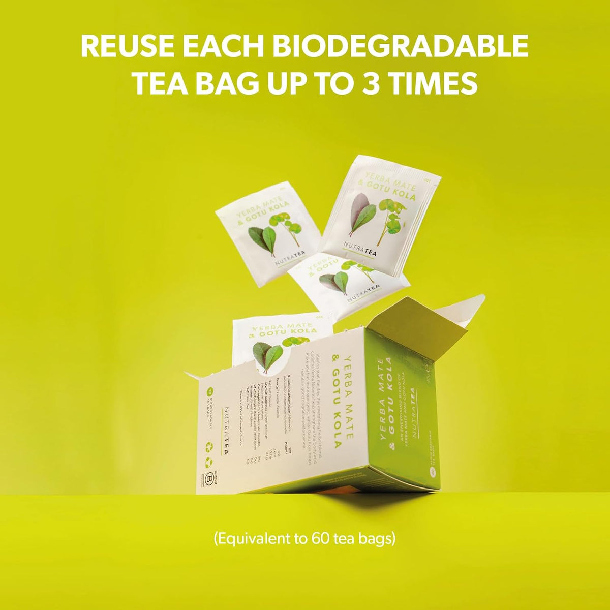 Nutra Tea - Yerba Mate &amp; Gotu Kola - Yerba Mate Tea, Focus Tea - With Centella Asiatica - Caffeine Alternative Without the Jitters - 20 Individually Wrapped Bags - Herbal Infusion (1 Pack)