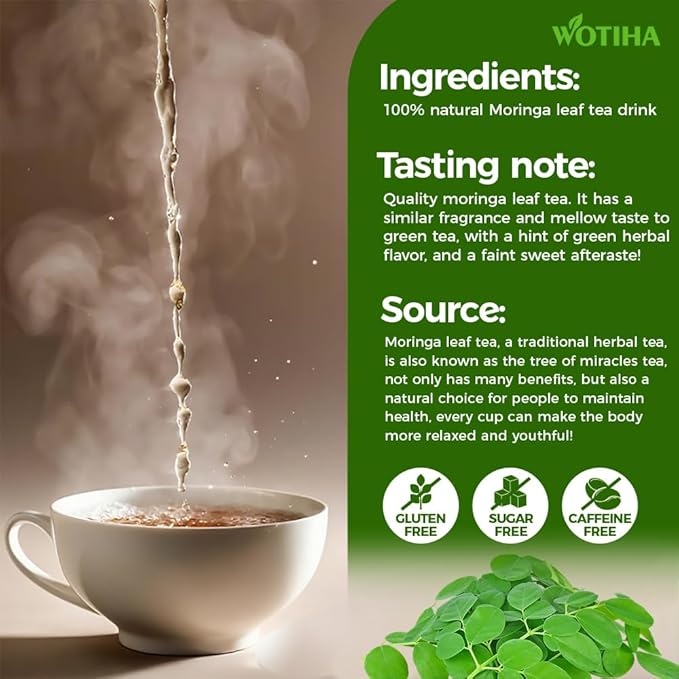 WOTIHA-Natural Moringa Leaf Tea 120g. 60 Herbal Tea Bags.100% Natural & Pure from Moringa Leaves，Non-GMO • Additive-Free • Caffeine-Free • Sugar-Free • Vegan