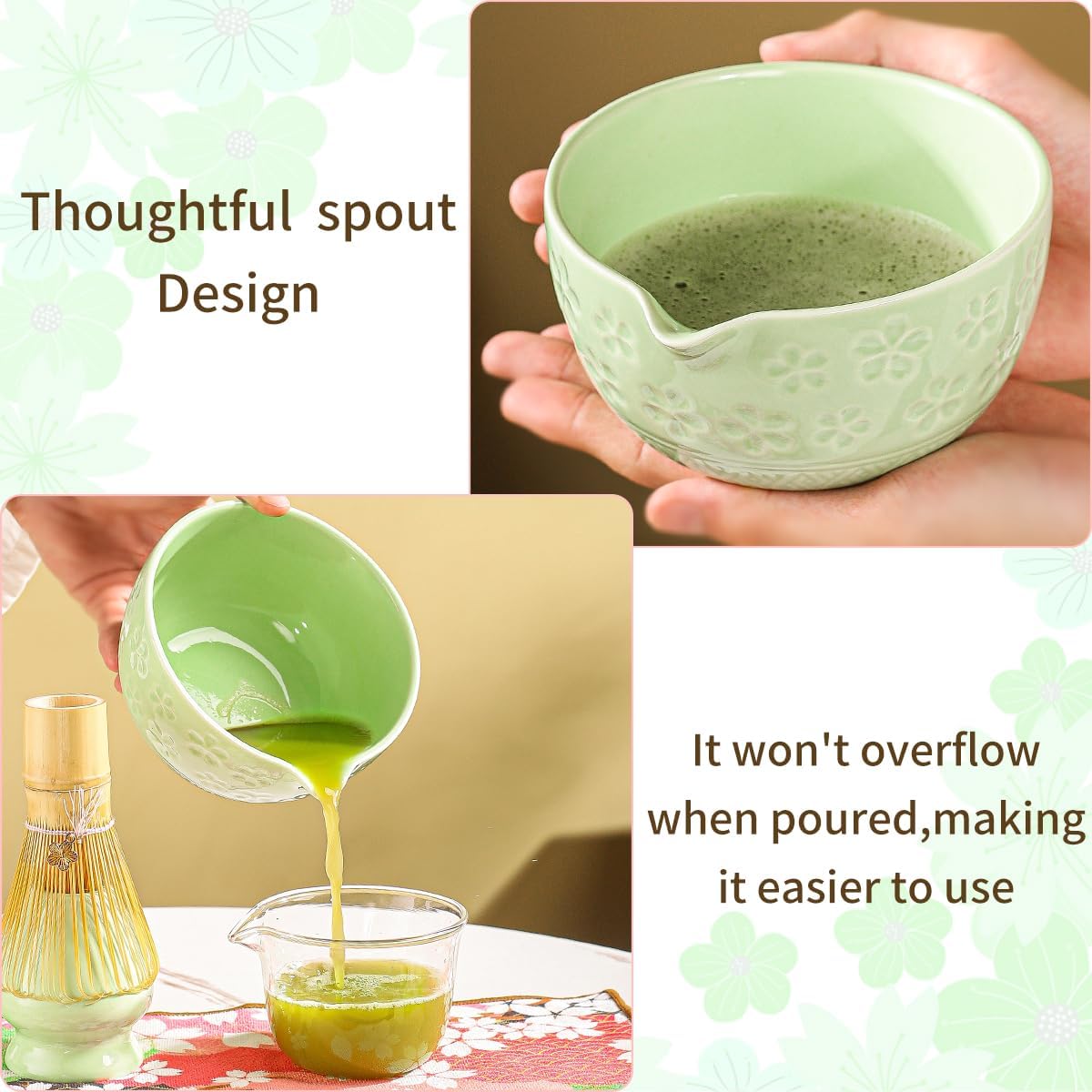8-Piece Matcha Ceremony Set - Tea Kit with Cherry Blossom Bowl, Bamboo Whisk, Wood Scoops, Tea Cloth &amp; Floral Display - Gift-Ready Pink Cherry color box (green)