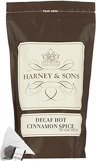 Harney & Sons Decaffeinated Hot Cinnamon - Ceylon Black Tea with Three Types of Cinnamon, Orange Peel and Sweet Cloves - 50 Count Sachet Bag