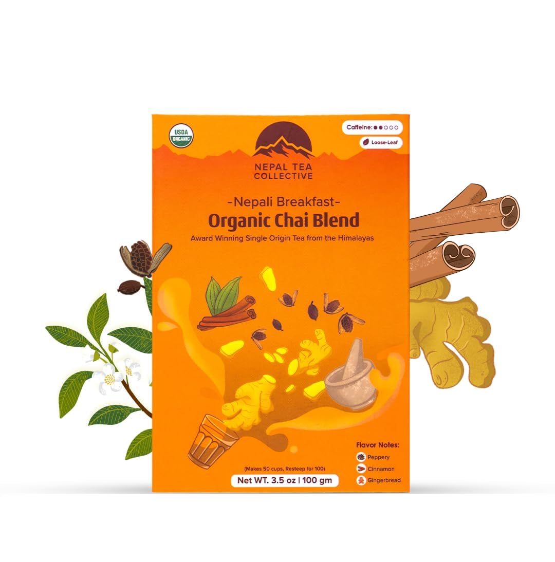NEPAL TEA Organic Chai Tea Loose Leaf - Certified Organic Black Tea with Ginger, Cinnamon &amp; Cardamom - Single Origin from a Family Farm in the Himalayas (Nepali Breakfast) - 3.5 Oz (100g)