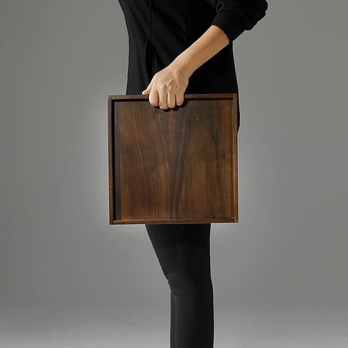 12 x 12 inches Large Square Ottoman Tray Wooden Solid Black Walnut Table Platter Decorative Serving Tray for Oversized Ottoman Home Breakfast in Bed Tea Coffee