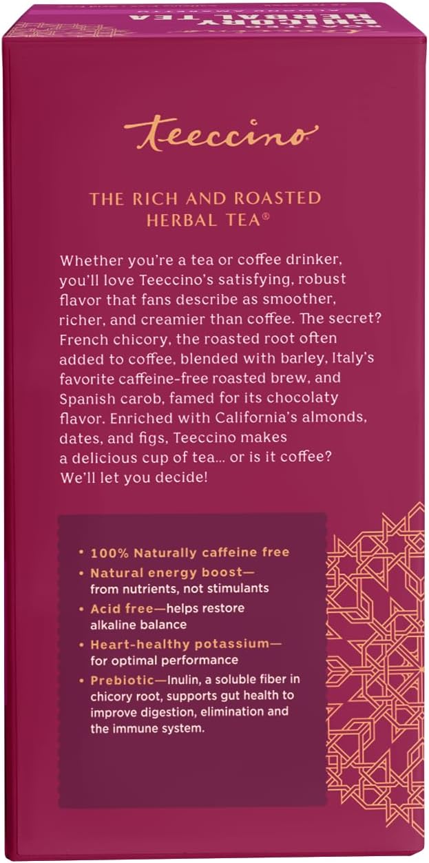 Teeccino Herbal Tea - Almond Amaretto - Rich &amp; Roasted Herbal Tea That's Caffeine Free &amp; Prebiotic for Natural Energy, 25 Tea Bags