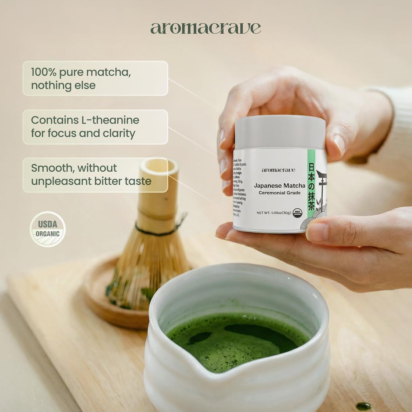 AROMACRAVE Japanese Matcha Green Tea Powder – Ceremonial Grade – Premium Finely Ground Green Tea – Smooth Flavor for Traditional Tea, Lattes & Baking – 1.05 oz (30g)
