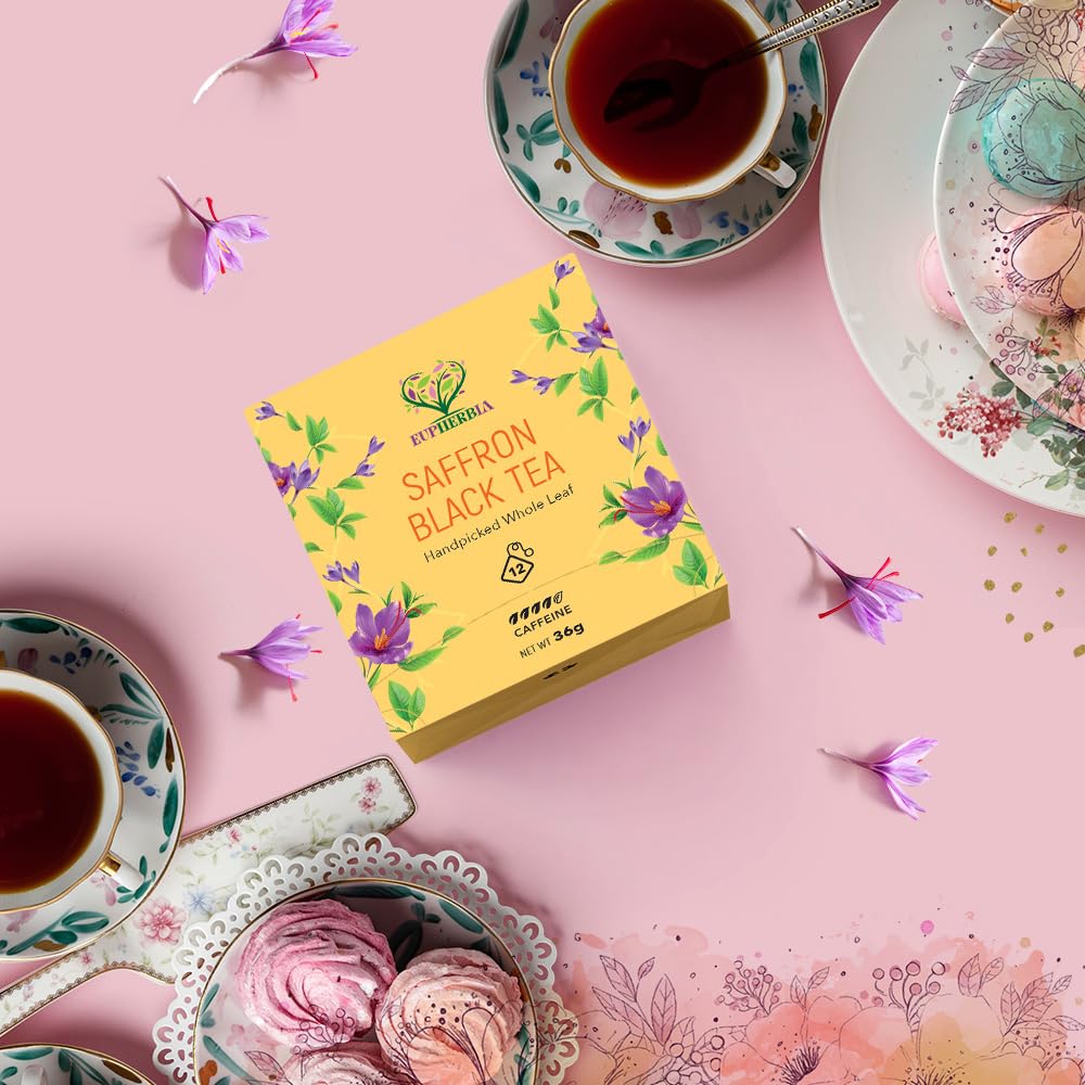 Eupherbia Saffron Black Tea, Handpicked, Highland Grown Whole Leaf Tea, Enriched with Premium Saffron Threads, Brisk, Earthy, Aromatic, Individually Wrapped Tea Sachets (Pack of 12) (2 Pack)