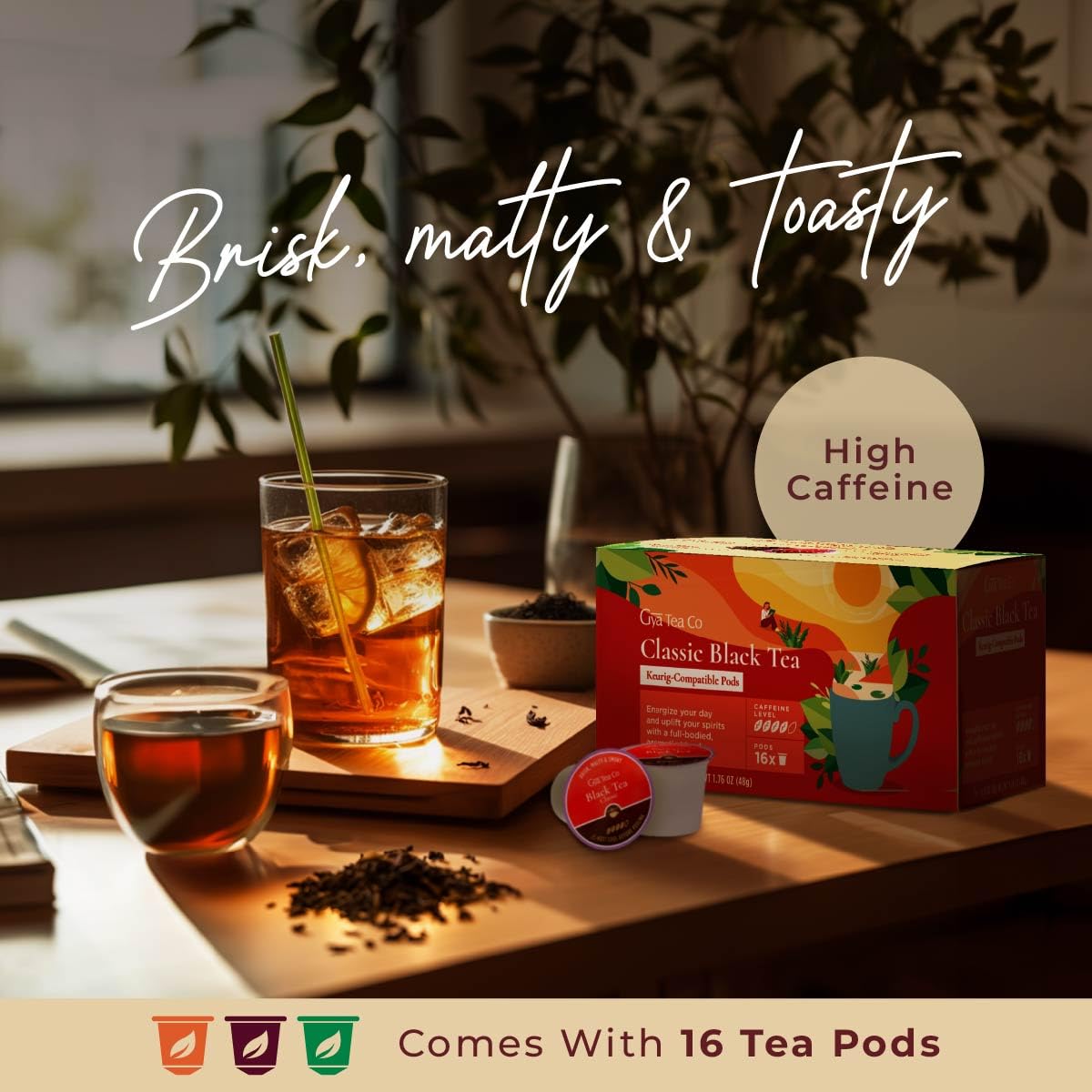 Gya Tea Co Caffeinated Classic Black Tea Pod (16 Count) - Smooth, Flavourful, Robust, Enjoy Hot or Iced