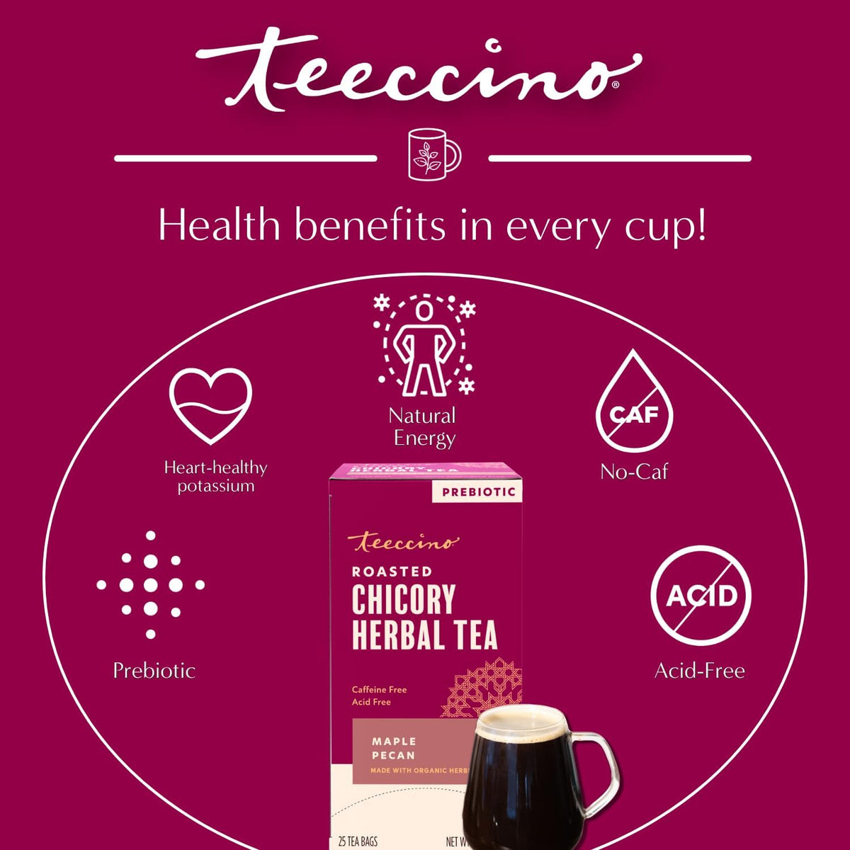Teeccino Maple Pecan Herbal Tea - Rich &amp; Roasted Herbal Tea That’s Caffeine Free &amp; Prebiotic for Natural Energy, Coffee Alternative, 25 Count