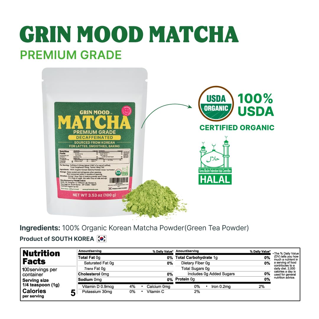 GRIN MOOD Matcha Powder - Organic Green Tea Powder - Decaffeinated Green Tea, Authentic Korean Matcha, Halal (3.53oz, Premium Grade)