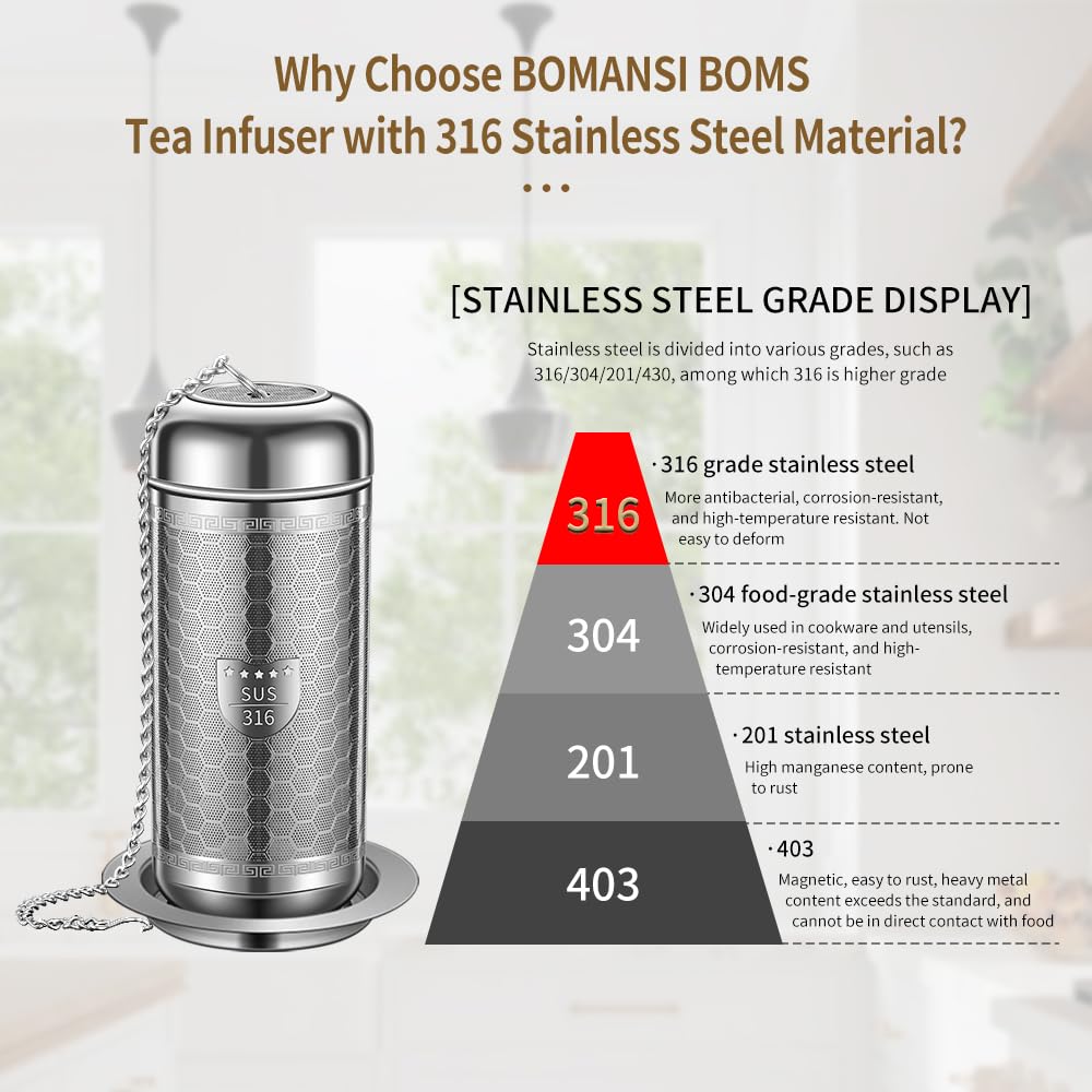 BOMANSI BOMS Tea Strainers for Loose Tea, Extra Fine Mesh Tea Infuser, 316 Stainless Steel with Extended Chain Hook, Loose