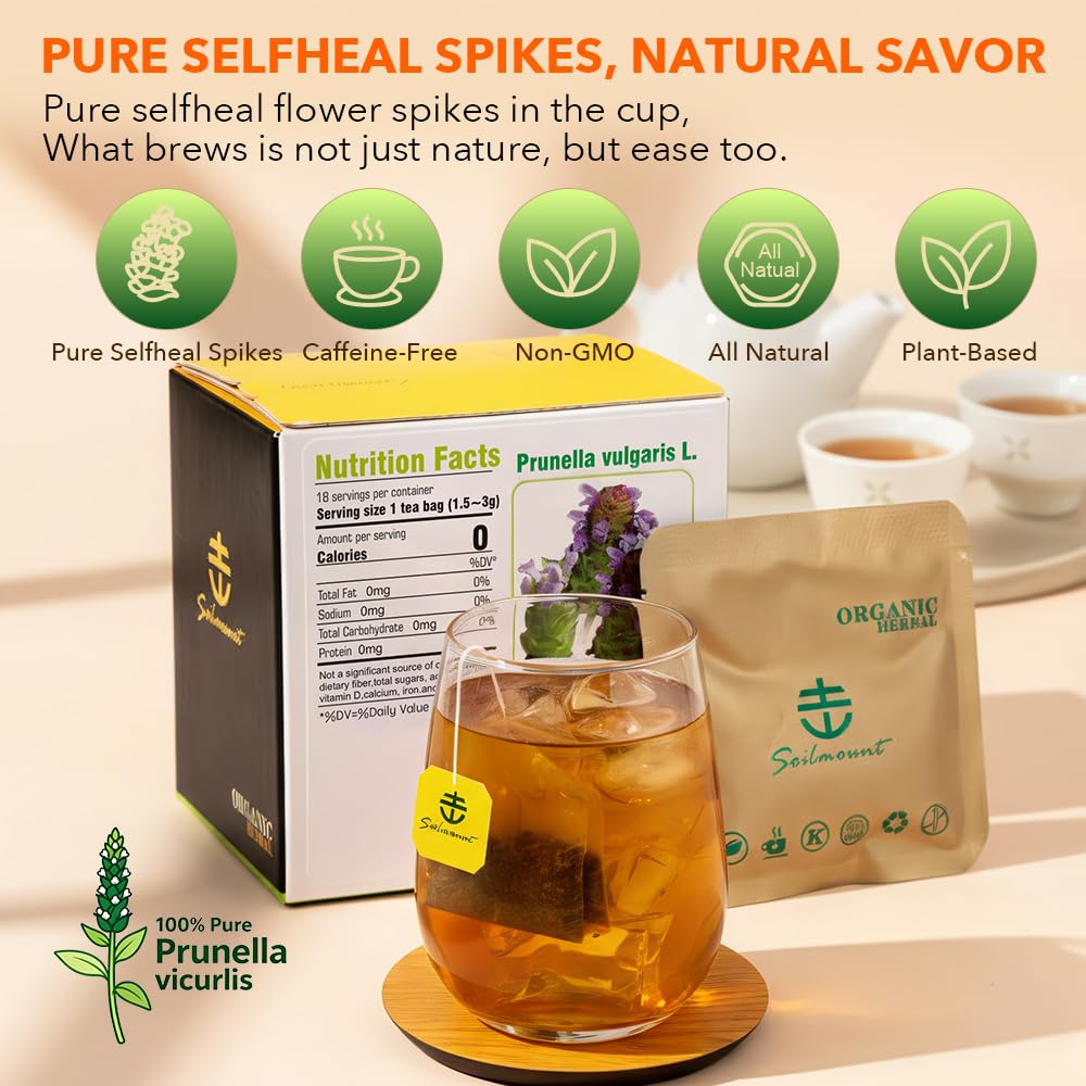 Soilmount - Self-Heal Tea - (Prunella vulgaris,xia ku cao,夏枯草) - Pure Herbal Tea - Natural, Organic, Non-GMO, Clean Ingredients, Caffeine Free (18 Tea Bags, Box 1)