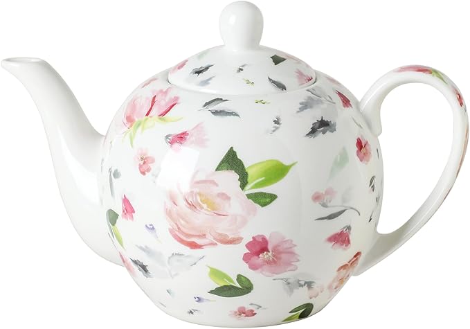 30oz Porcelain Teapot, Floral Design Ceramic Tea Pot for Loose Leaf & Bagged Tea, Classic 3-4 Cups Teapot for Daily Use & Special Occasions