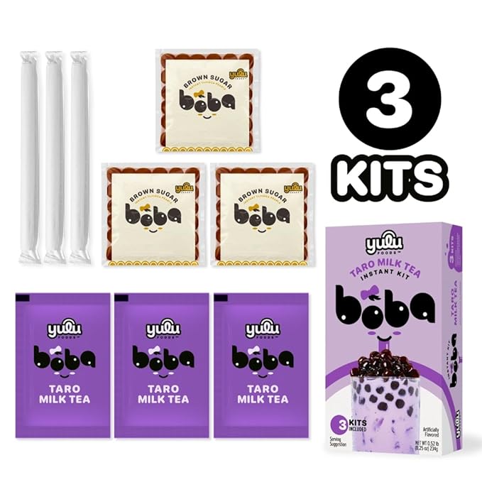 YULU FOODS Instant Bubble Pearl Taro Milk Tea Kit with Authentic Brown Sugar Tapioca Pearls - Ready in Under One Minute, Paper Straws Included – 3 Servings.