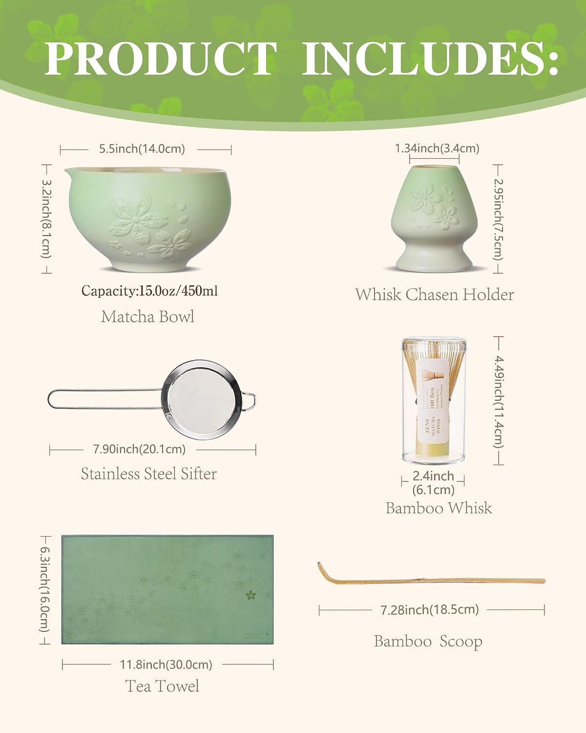 ZENS Premium Matcha Whisk Set, 6pcs Matcha Kit for Matcha Latte, Green | Ceramic Matcha Set Icludes Ceramic Bowl, Bamboo Whisk, Chasen Holder, Scoop, 304 Sifter &amp; Tea Mat, Japanese Tea Ceremony