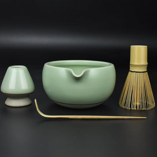 Artcome 4 Pcs Complete Matcha Ceremony Kit - Japanese Bowl With Pouring Spout, Whisk, Holder, Scoop - Tea Set for Making Usucha
