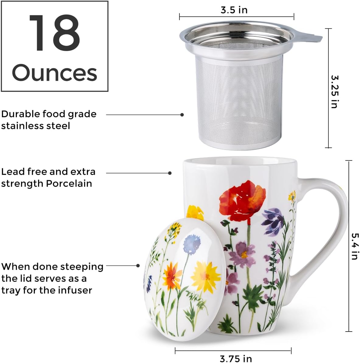 AmorArc Tea Cup With Infuser and Lid, 18oz Loose Leaf Tea Mug With Steeper