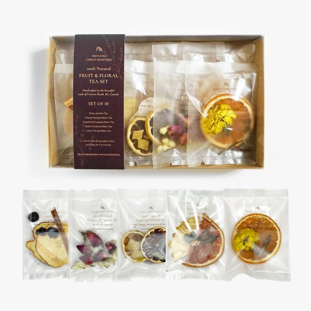 Gourmet Fruit & Floral Tea Set of 10, Handcrafted, Additive-Free, Assorted Tea Gift Set, Sampler 5 Flavors of Naturally Dried Orange, Grapefruit