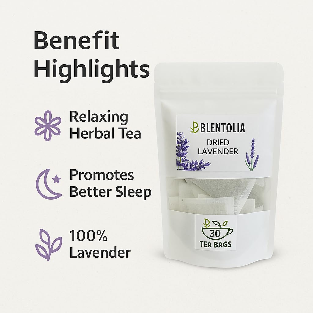 Blentolia Lavender Tea Bags – 30 Count – Caffeine-Free Herbal Tea – Dried Lavender Flower Infusion for Relaxation, Sleep & Aromatherapy
