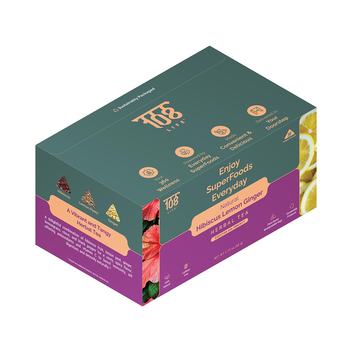 108 LIFE Natural Hibiscus Lemon Ginger Herbal Tea | 100% Natural | Caffeine Free | Supports Digestion & Immunity | With Plant-Based Biodegradable Bags | 30 Pyramid Tea Bags