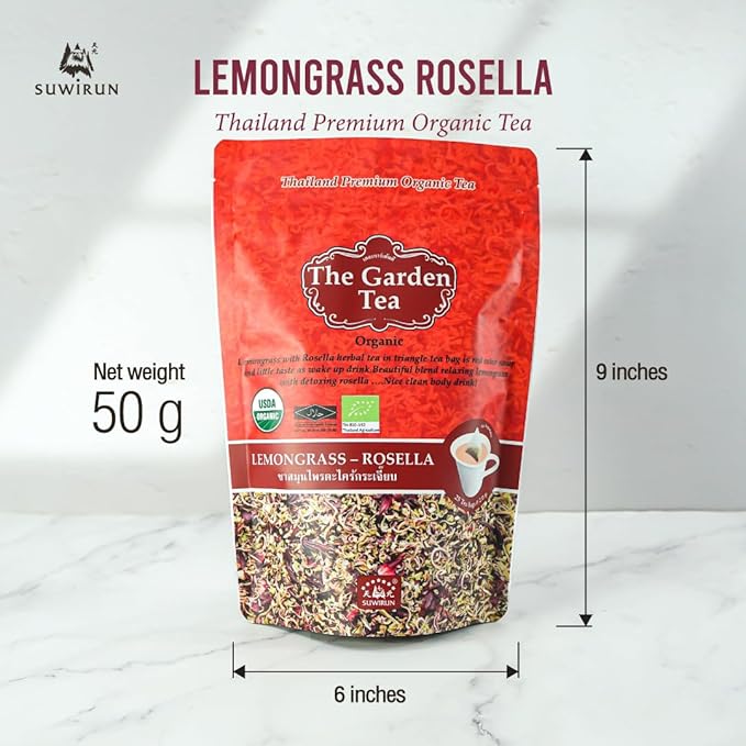 Suwirun Organic Lemongrass & Roselle Tea 25 Bags – Product of Thailand – Tangy Hibiscus & Citrus Herbal Blend, Caffeine-Free, No Calories