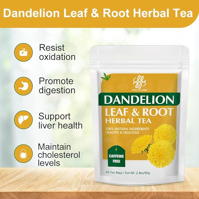 Premium Dandelion Leaf & Root Tea, Dandelion Herbal Tea for Liver Support, Antioxidant, Digestion and Immune Support, Traditional Diuretic Detox Tea, Caffeine Free, 40 Bags/80g