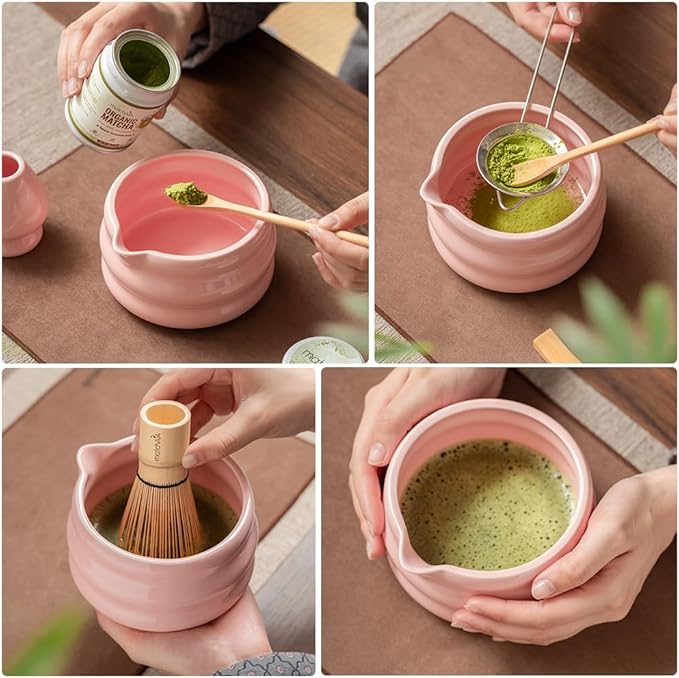 Matcha Whisk Set - Ceramic Bowl, Bamboo Whisk with Holder, Storage Canister, Sifter, Schima Spoon with Rest, Tea Towel