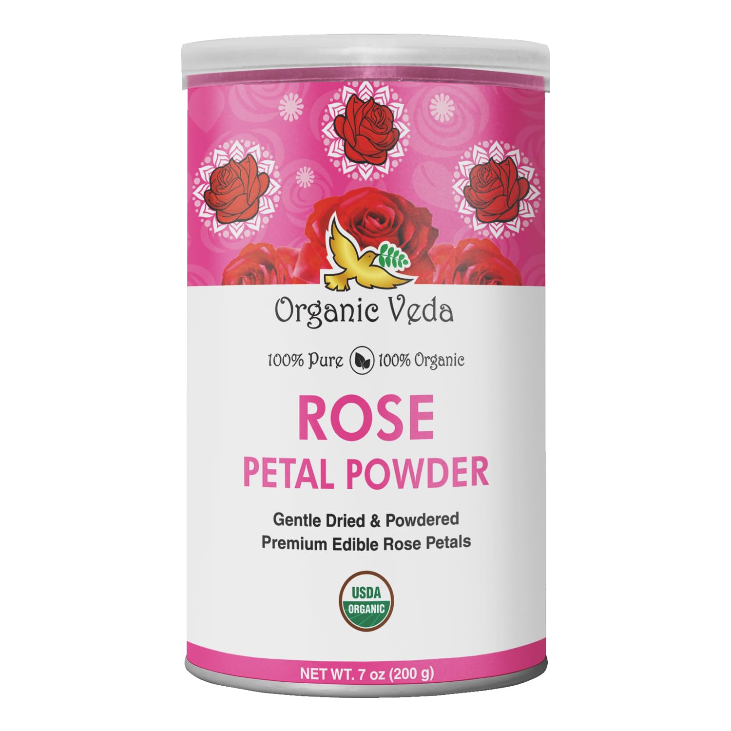 Organic Veda Rose Petals Powder - USDA Organic Edible Dried Rose Petals for Tea, Baking, Drink Mix, DIY Beauty Skin Care