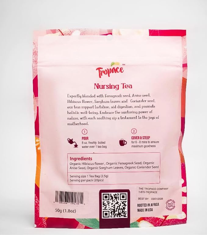 Tropace Organic Hibiscus Nursing Tea – Herbal Caffeine-Free Tea for Moms, with Fenugreek, Anise, Sorghum & Coriander – Rooted in Africa, Packed in USA – 20 Tea Bags, 1.4 oz (40g)