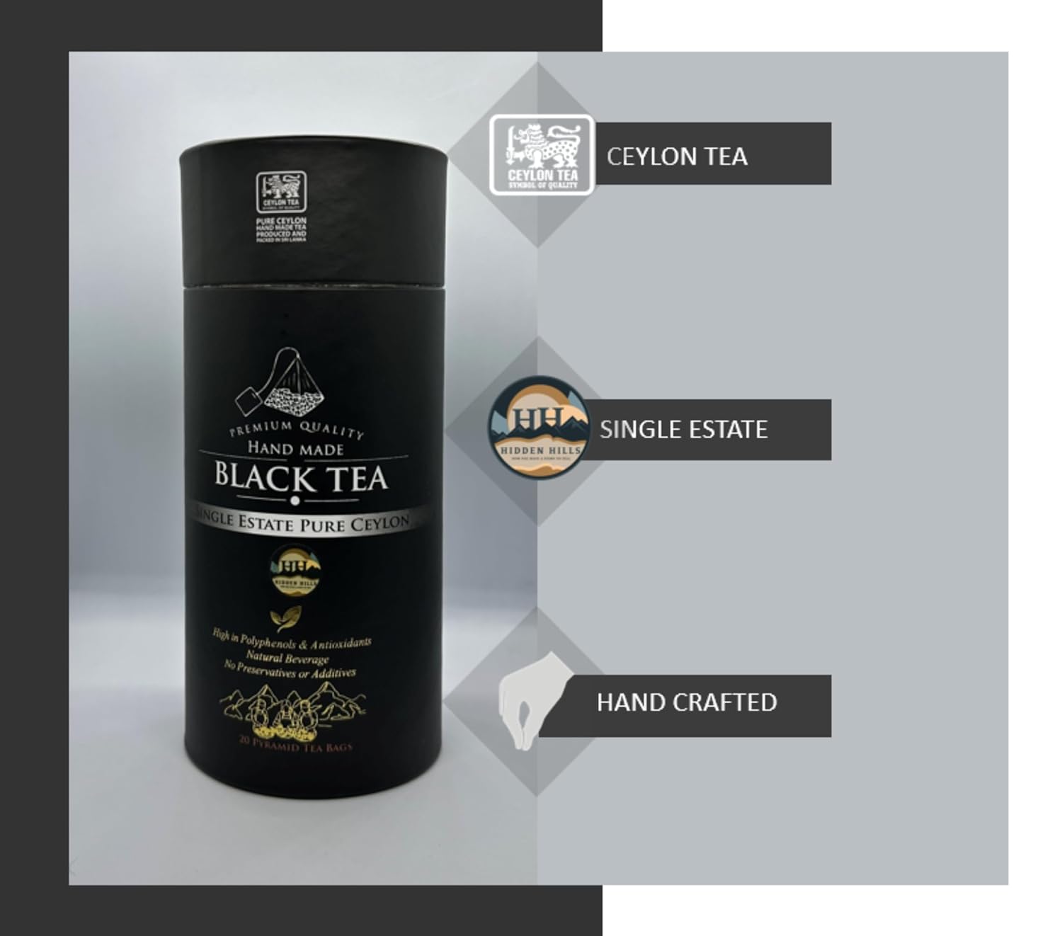 Hidden Hills Black Tea - Premium Quality Single Estate - Ceylon Tea (20 Tea Bags, 50g)