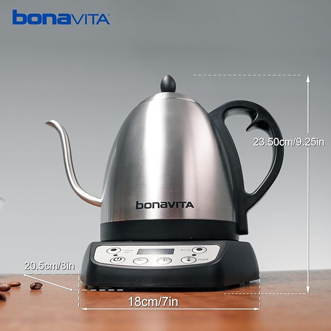 Bonavita 1L Digital Variable Temperature Gooseneck Electric Kettle for Coffee Brew and Tea Precise Pour Control, 6 Preset Temps, Café or Home Use