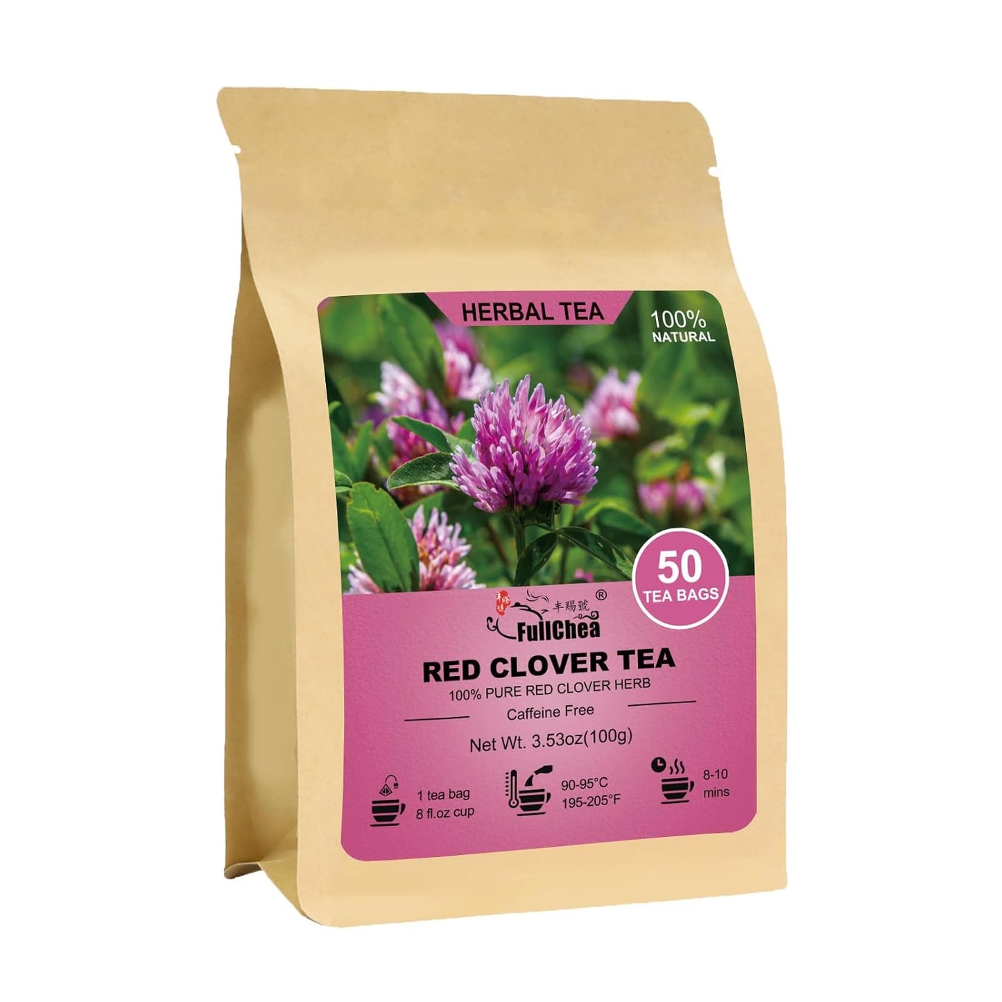 FullChea Red Clover Tea Bags, 50 Counts, Trébol Rojo, Non-GMO