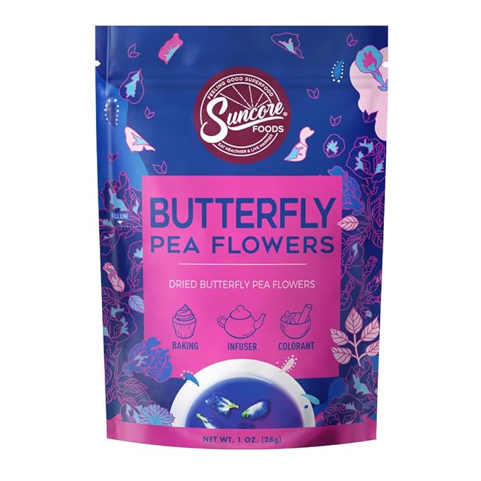 Suncore Foods Dried Butterfly Pea Flowers Bloom, Caffeine-Free Tea, Gluten-Free, Non-GMO, 1oz (1 Pack)