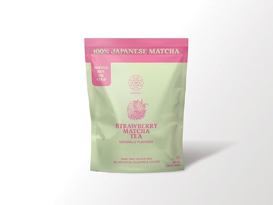 The Harmony Matcha Strawberry (7.05oz Bag - 20 Servings) Premium Japanese Matcha Powder, Rich in Antioxidants & L-Theanine, Sweetened with Organic Sugar, No Preservatives