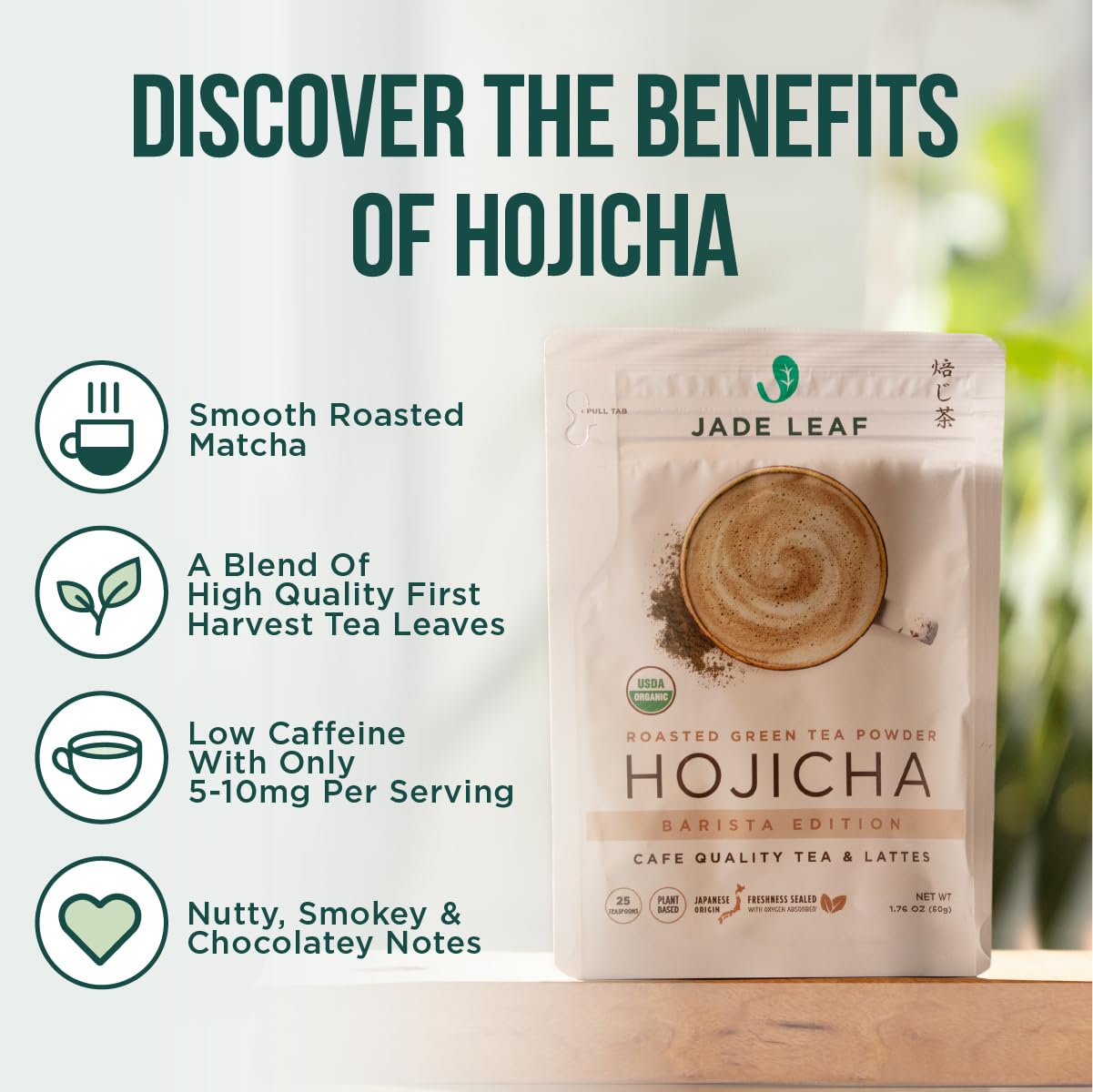 Jade Leaf Hojicha Powder, Roasted Organic Green Tea Powder, 50g / 1.76oz | Japanese Roasted Green Tea Latte Powder - Low Caffeine, Perfect for Evening Lattes - Stone Milled - 100% Product of Uji