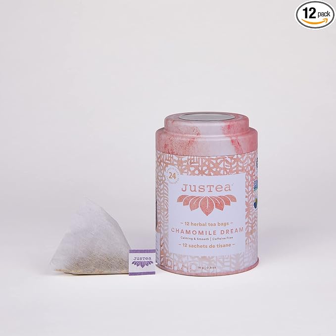 JusTea Chamomile Dream, Pyramid Compostable Tea Bags, Herbal Tea, 12+ Cups, Caffeine Free, Award-Winning, Fair Trade, Non-GMO