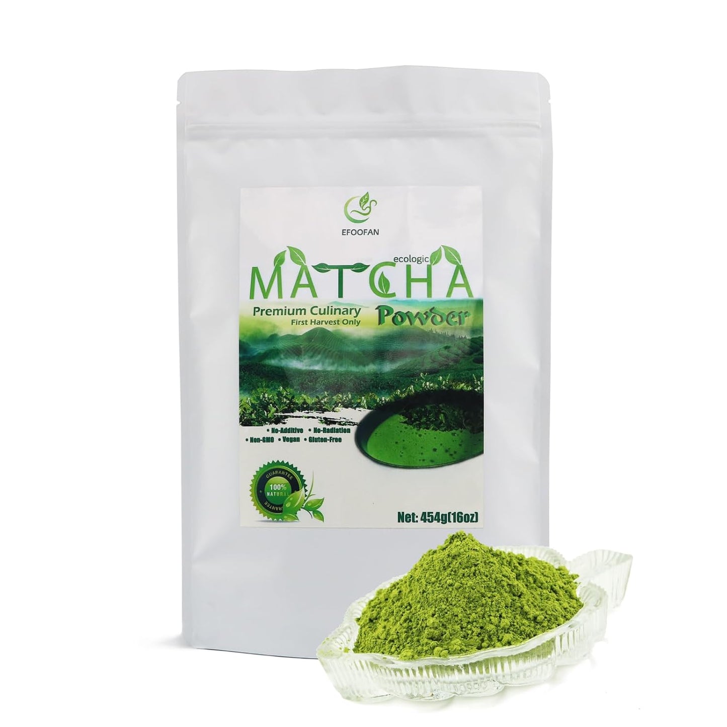 EFOOFAN Matcha Green Tea Powder - Premium Culinary Grade (1lb/16oz) - Rich Tencha Flavor, Antioxidant Polyphenols, Non-GMO, Gluten Free, Naturally Caffeined, Additives Free
