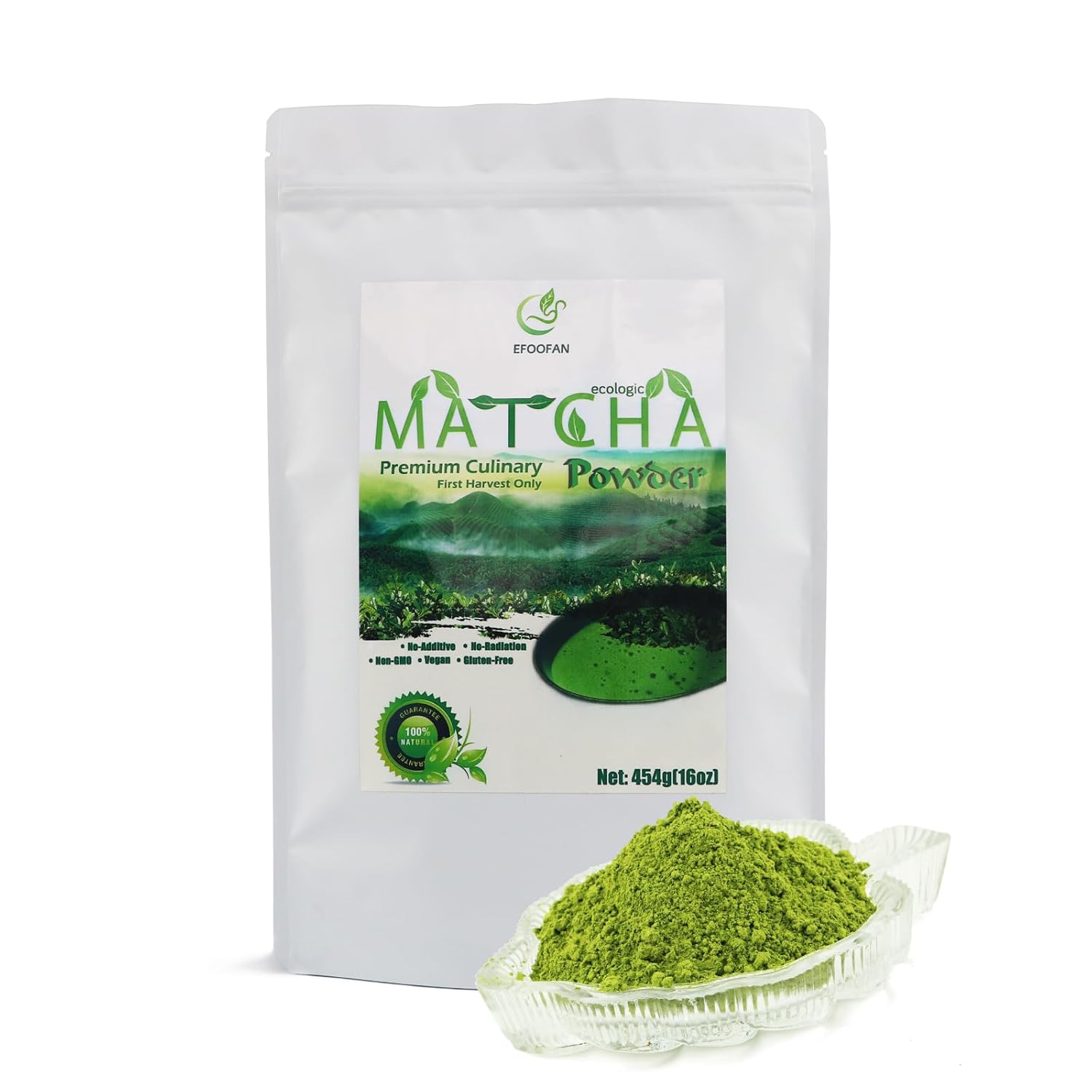 EFOOFAN Matcha Green Tea Powder - Premium Culinary Grade (1lb/16oz) - Rich Tencha Flavor, Antioxidant Polyphenols, Non-GMO, Gluten Free, Naturally Caffeined, Additives Free
