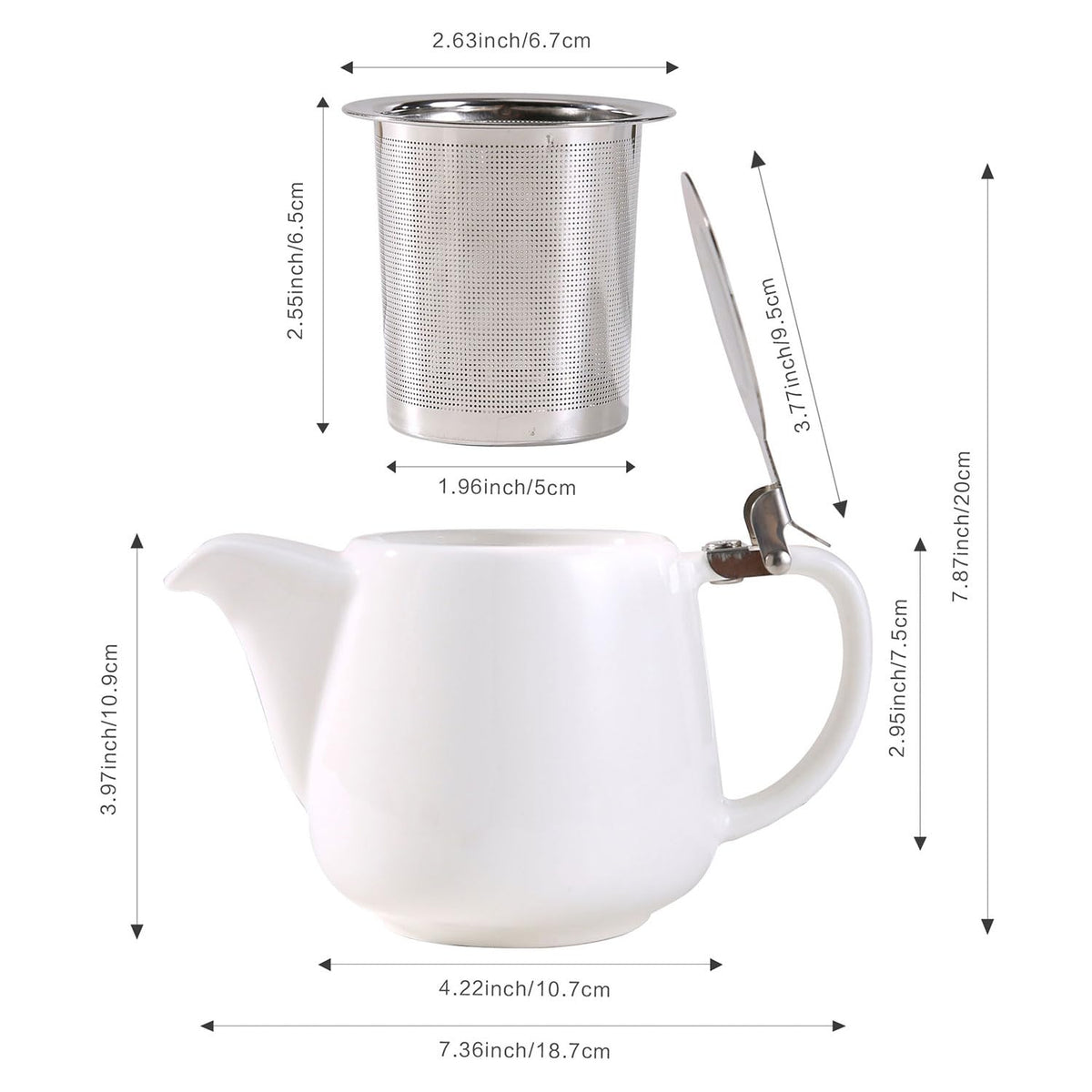 Auxmeware - Ceramic Teapot With Stainless Steel Infuser, Heat Resistant, Perfect Tea Maker, White, 500ml/17oz